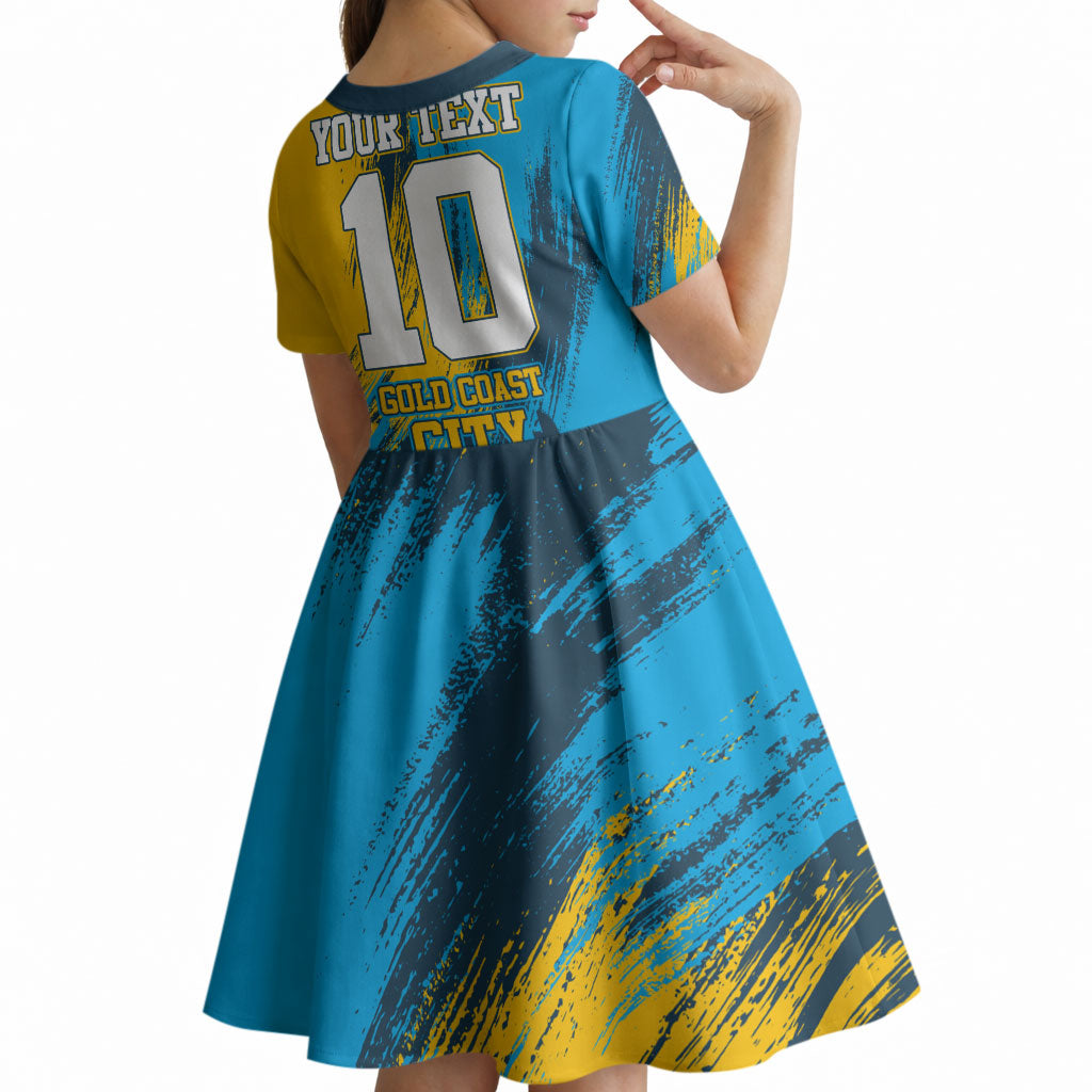 Personalised Gold Coast Titans Rugby Kid Short Sleeve Dress Muscular Titan Mascot City Skyline Graphic