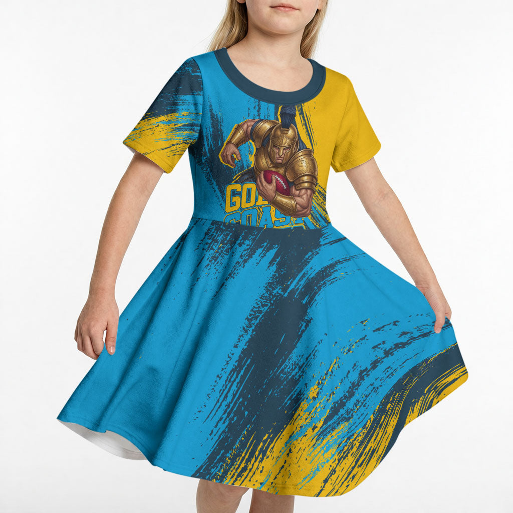 Personalised Gold Coast Titans Rugby Kid Short Sleeve Dress Muscular Titan Mascot City Skyline Graphic