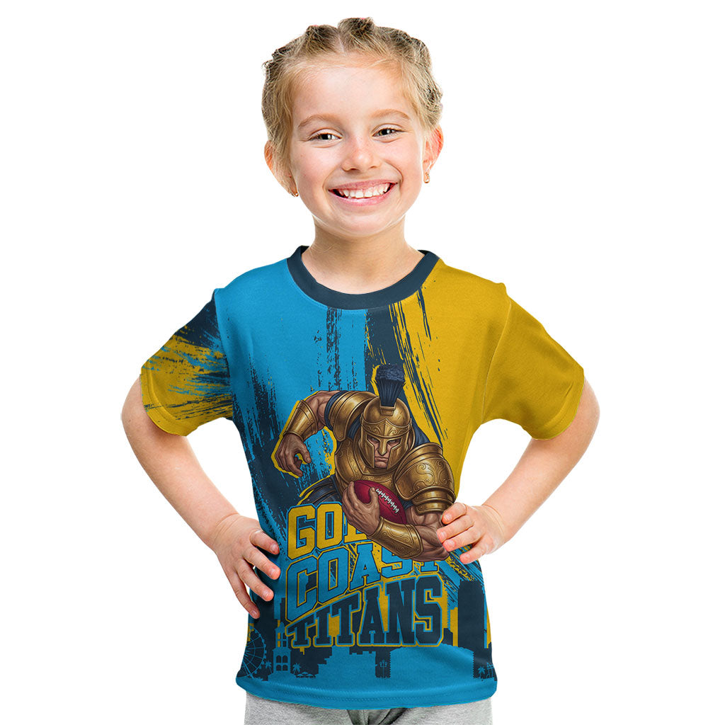 Personalised Gold Coast Titans Rugby Kid T Shirt Muscular Titan Mascot City Skyline Graphic