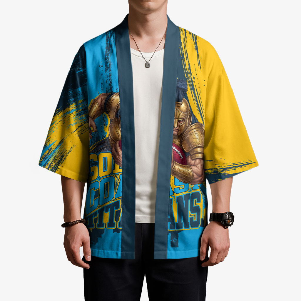 Personalised Gold Coast Titans Rugby Kimono Muscular Titan Mascot City Skyline Graphic