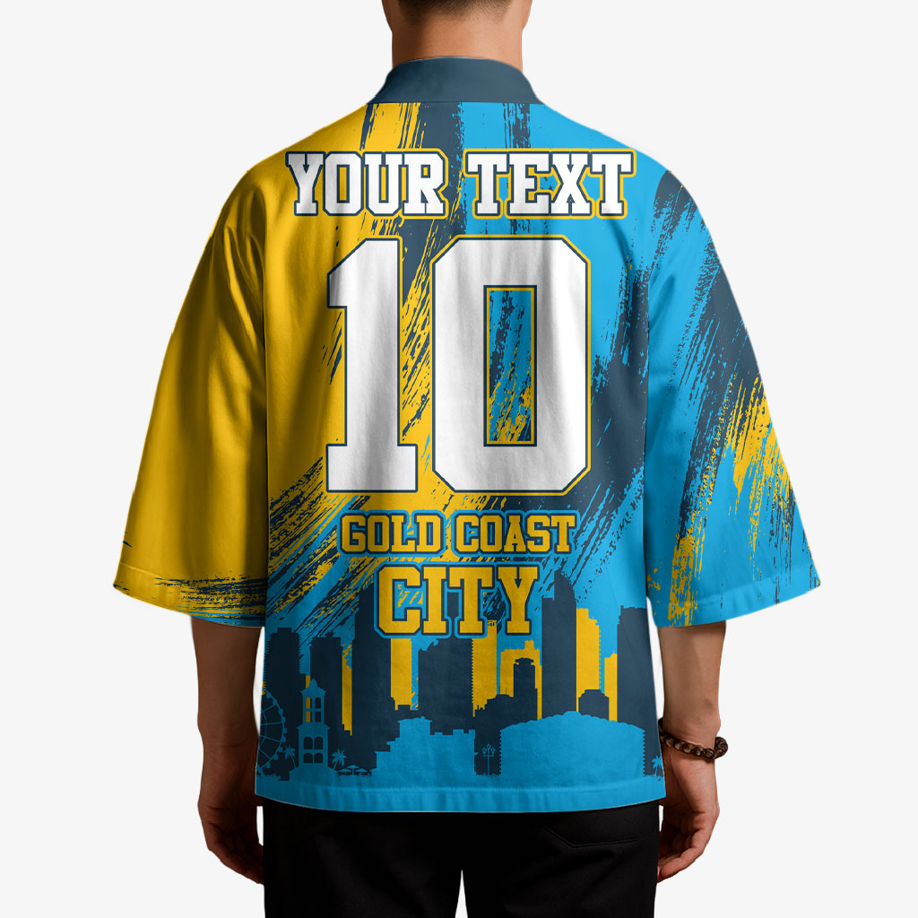 Personalised Gold Coast Titans Rugby Kimono Muscular Titan Mascot City Skyline Graphic