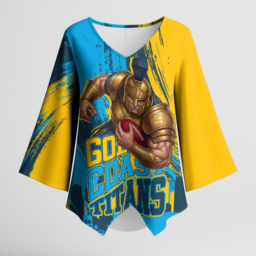 Personalised Gold Coast Titans Rugby Kimono Sleeve Blouse Muscular Titan Mascot City Skyline Graphic