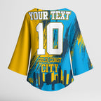 Personalised Gold Coast Titans Rugby Kimono Sleeve Blouse Muscular Titan Mascot City Skyline Graphic