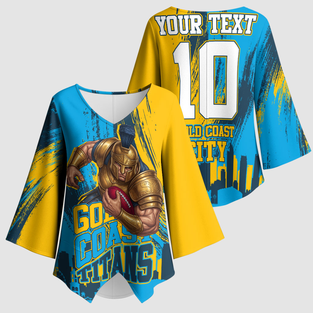 Personalised Gold Coast Titans Rugby Kimono Sleeve Blouse Muscular Titan Mascot City Skyline Graphic
