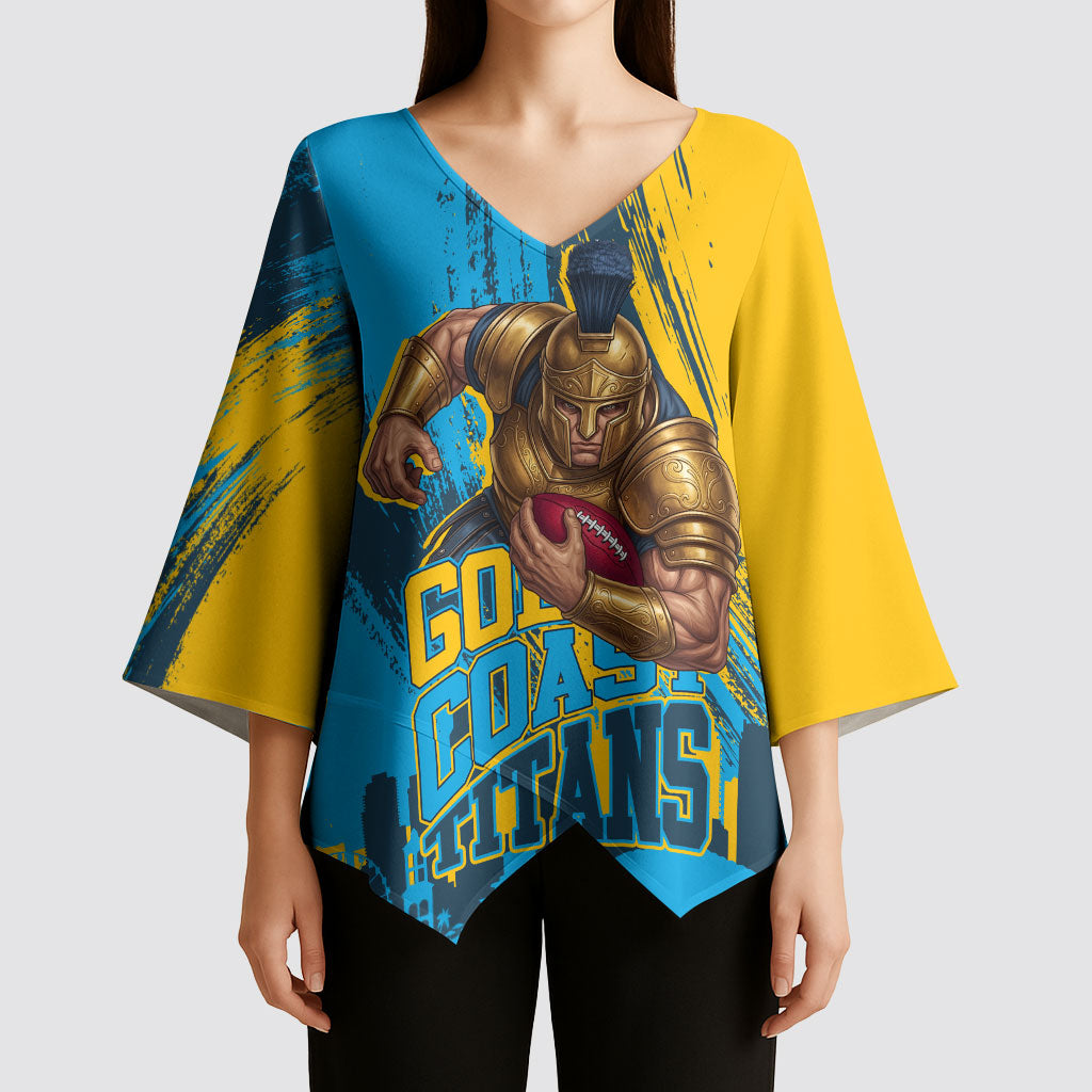 Personalised Gold Coast Titans Rugby Kimono Sleeve Blouse Muscular Titan Mascot City Skyline Graphic