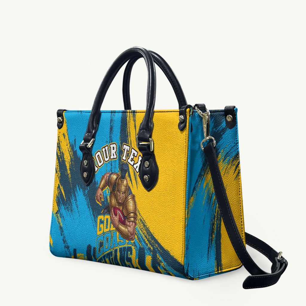 Personalised Gold Coast Titans Rugby Leather Bag Muscular Titan Mascot City Skyline Graphic