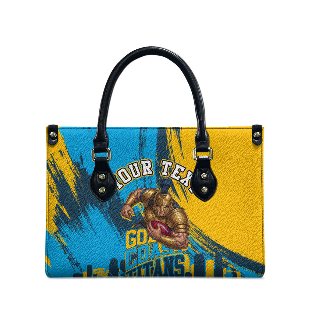 Personalised Gold Coast Titans Rugby Leather Bag Muscular Titan Mascot City Skyline Graphic