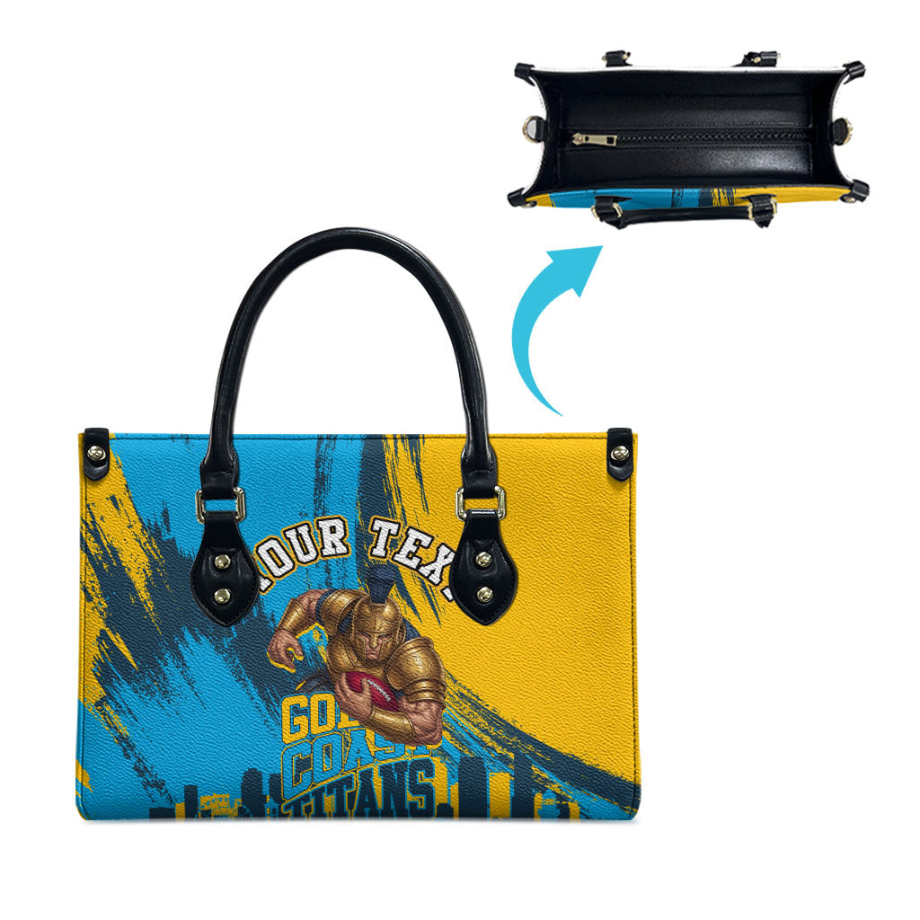 Personalised Gold Coast Titans Rugby Leather Bag Muscular Titan Mascot City Skyline Graphic