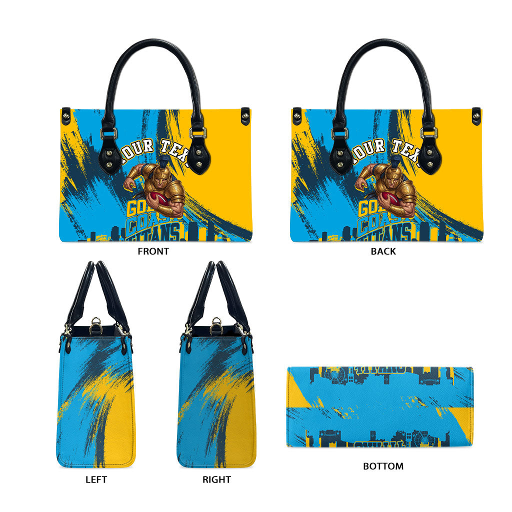 Personalised Gold Coast Titans Rugby Leather Bag Muscular Titan Mascot City Skyline Graphic