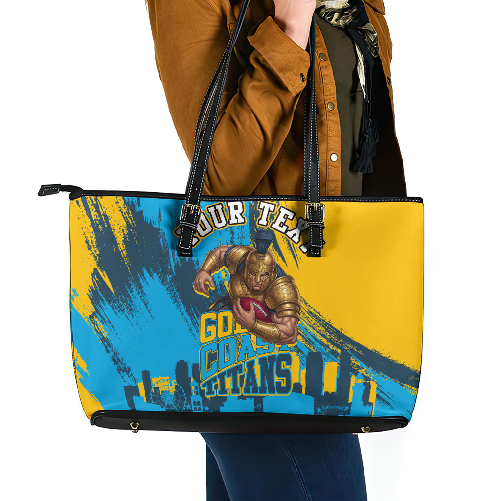 Personalised Gold Coast Titans Rugby Leather Tote Bag Muscular Titan Mascot City Skyline Graphic