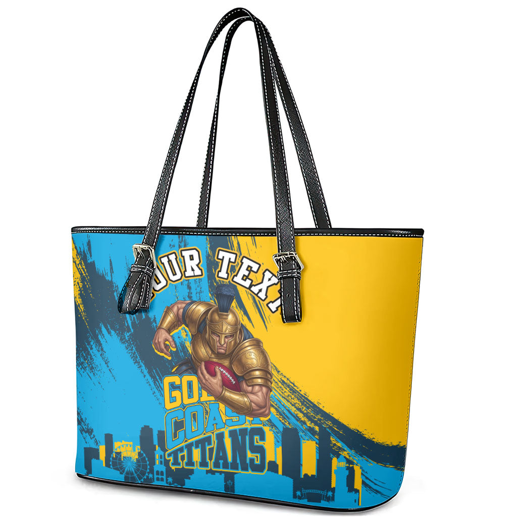 Personalised Gold Coast Titans Rugby Leather Tote Bag Muscular Titan Mascot City Skyline Graphic