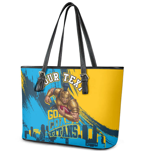 Personalised Gold Coast Titans Rugby Leather Tote Bag Muscular Titan Mascot City Skyline Graphic