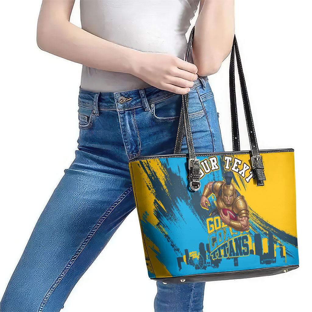 Personalised Gold Coast Titans Rugby Leather Tote Bag Muscular Titan Mascot City Skyline Graphic