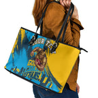 Personalised Gold Coast Titans Rugby Leather Tote Bag Muscular Titan Mascot City Skyline Graphic