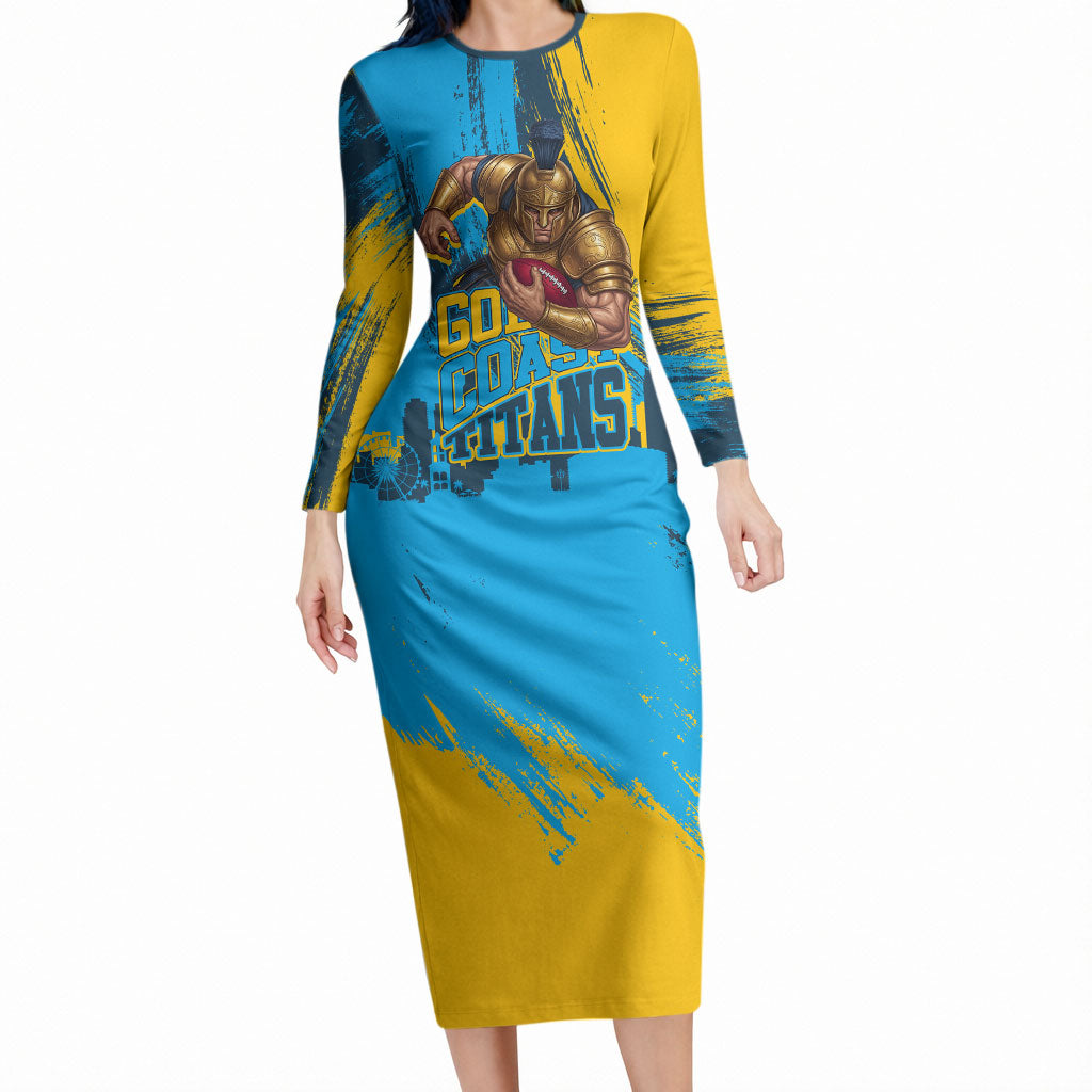 Personalised Gold Coast Titans Rugby Long Sleeve Bodycon Dress Muscular Titan Mascot City Skyline Graphic