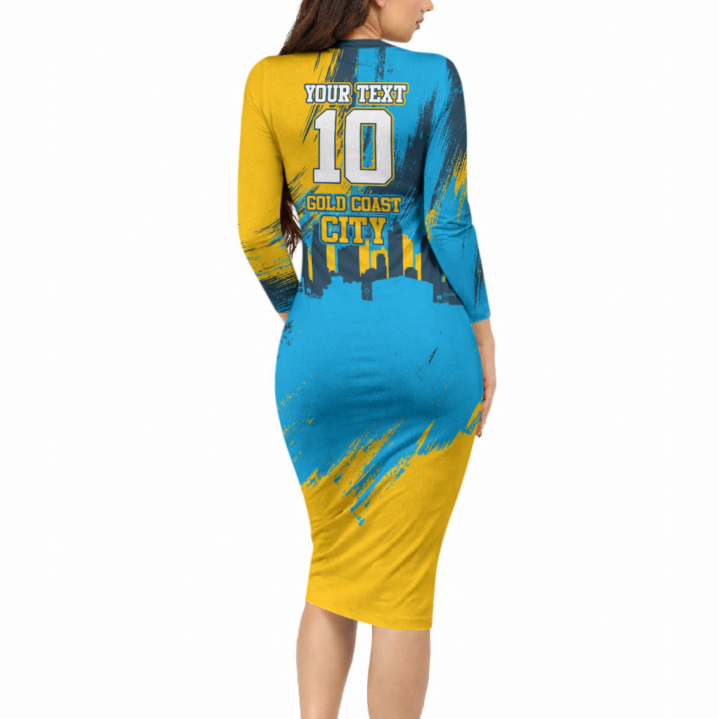 Personalised Gold Coast Titans Rugby Long Sleeve Bodycon Dress Muscular Titan Mascot City Skyline Graphic