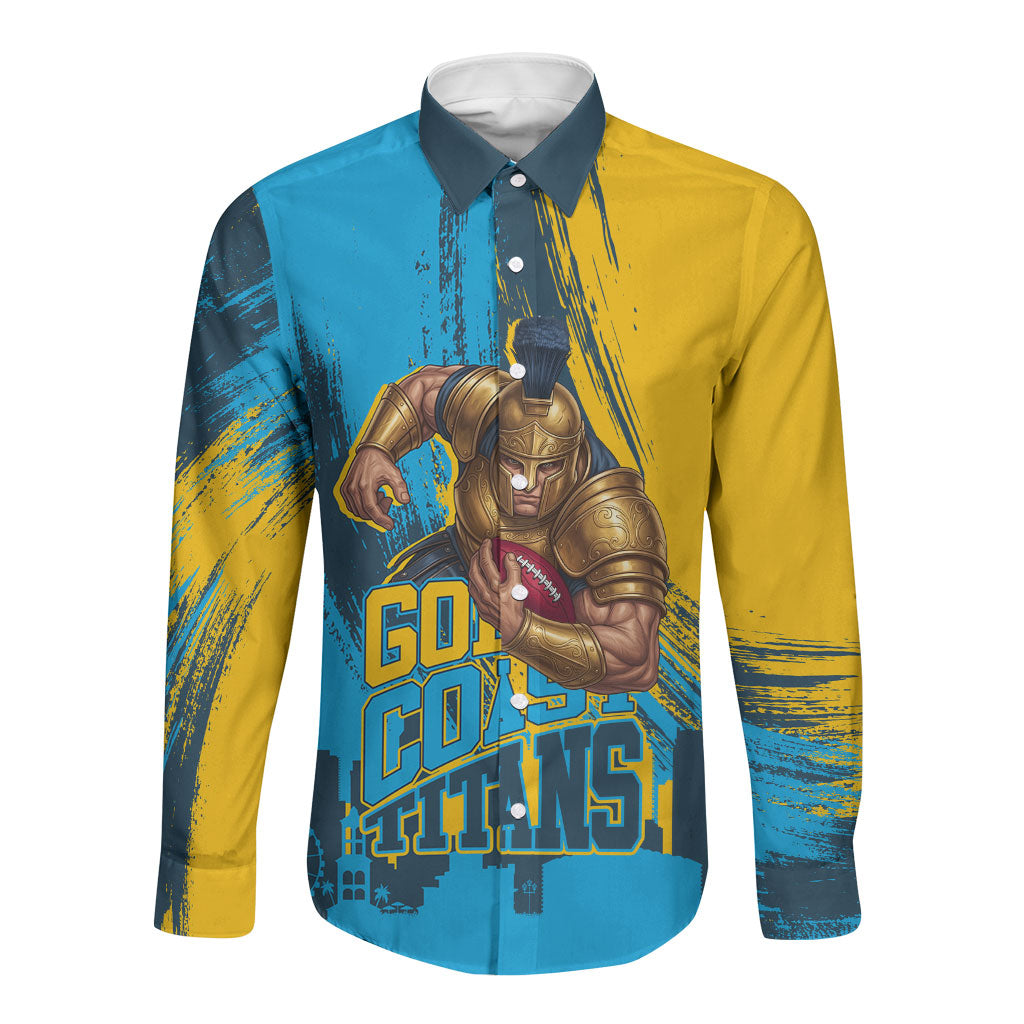 Personalised Gold Coast Titans Rugby Long Sleeve Button Shirt Muscular Titan Mascot City Skyline Graphic