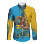 Personalised Gold Coast Titans Rugby Long Sleeve Button Shirt Muscular Titan Mascot City Skyline Graphic