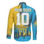 Personalised Gold Coast Titans Rugby Long Sleeve Button Shirt Muscular Titan Mascot City Skyline Graphic
