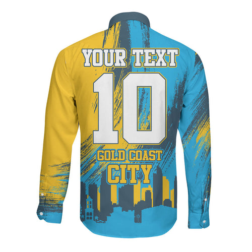 Personalised Gold Coast Titans Rugby Long Sleeve Button Shirt Muscular Titan Mascot City Skyline Graphic