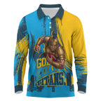 Personalised Gold Coast Titans Rugby Long Sleeve Polo Shirt Muscular Titan Mascot City Skyline Graphic