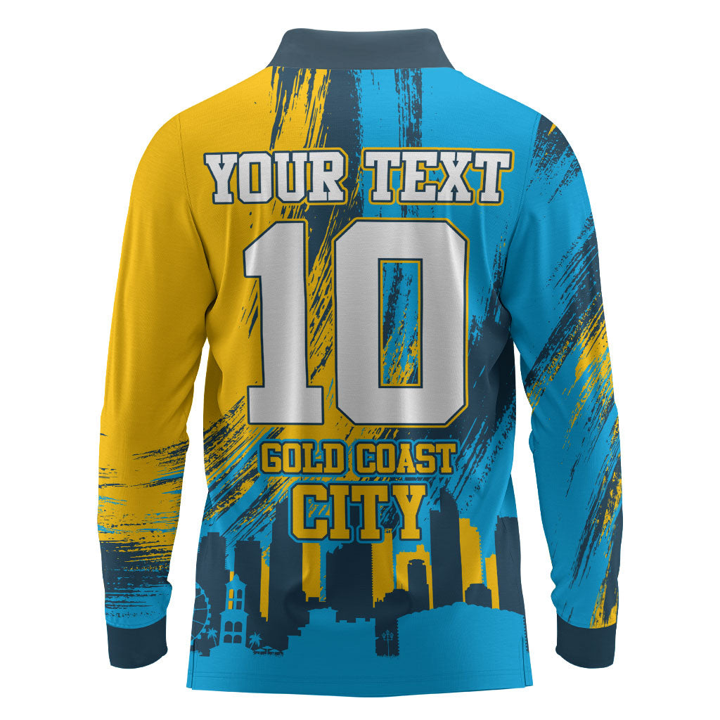 Personalised Gold Coast Titans Rugby Long Sleeve Polo Shirt Muscular Titan Mascot City Skyline Graphic