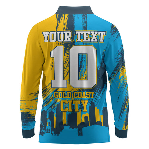 Personalised Gold Coast Titans Rugby Long Sleeve Polo Shirt Muscular Titan Mascot City Skyline Graphic