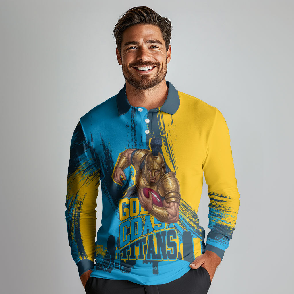 Personalised Gold Coast Titans Rugby Long Sleeve Polo Shirt Muscular Titan Mascot City Skyline Graphic