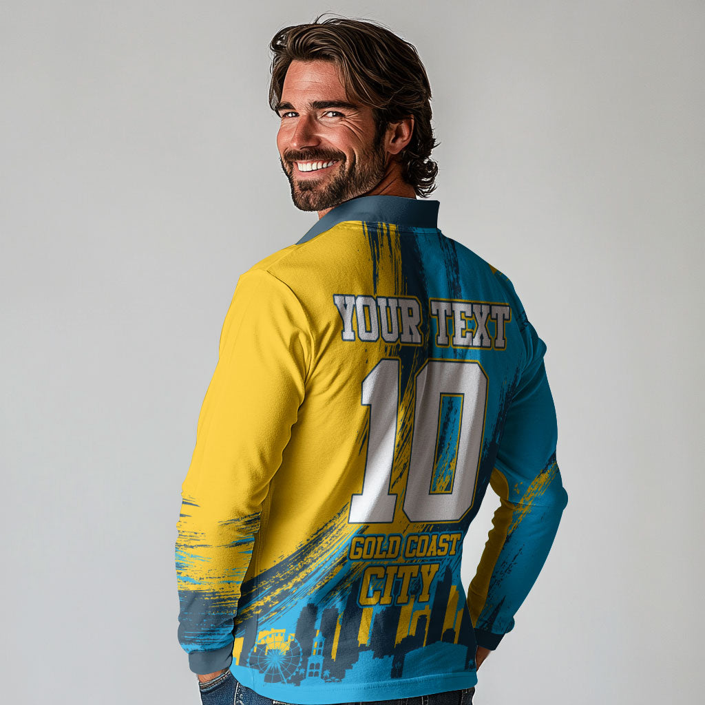 Personalised Gold Coast Titans Rugby Long Sleeve Polo Shirt Muscular Titan Mascot City Skyline Graphic