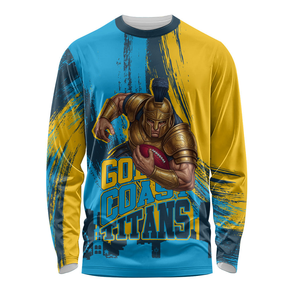 Personalised Gold Coast Titans Rugby Long Sleeve Shirt Muscular Titan Mascot City Skyline Graphic
