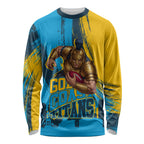 Personalised Gold Coast Titans Rugby Long Sleeve Shirt Muscular Titan Mascot City Skyline Graphic
