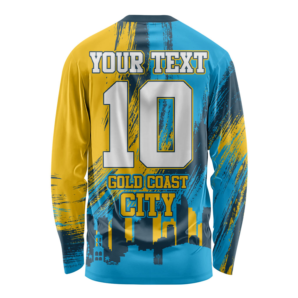 Personalised Gold Coast Titans Rugby Long Sleeve Shirt Muscular Titan Mascot City Skyline Graphic