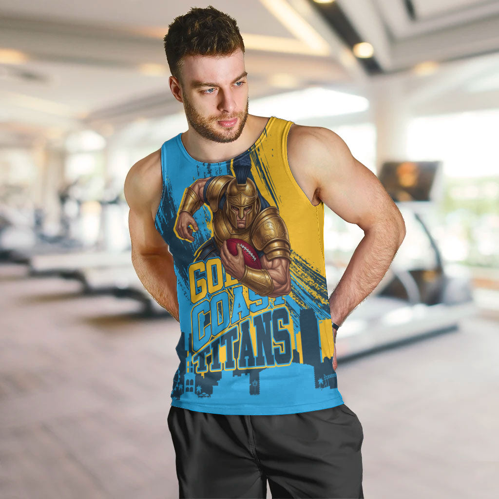 Personalised Gold Coast Titans Rugby Men Tank Top Muscular Titan Mascot City Skyline Graphic