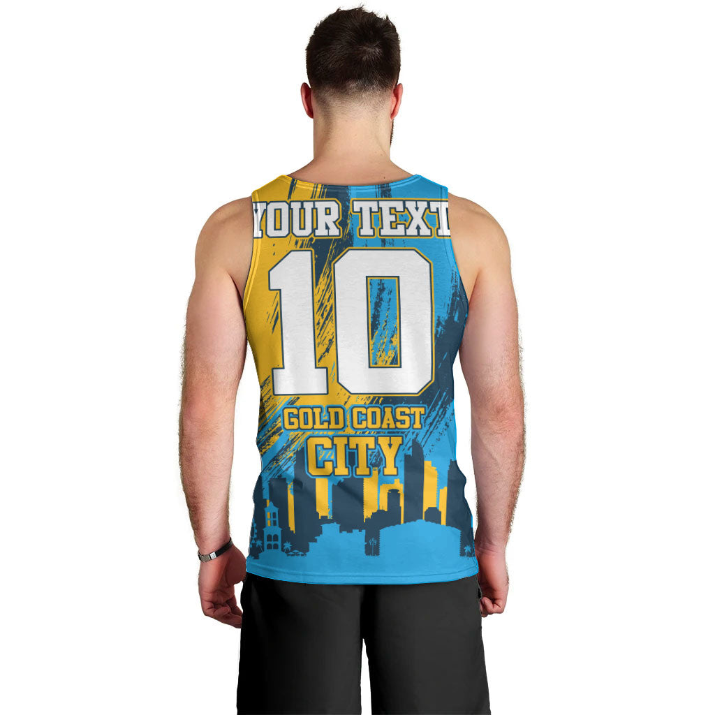 Personalised Gold Coast Titans Rugby Men Tank Top Muscular Titan Mascot City Skyline Graphic