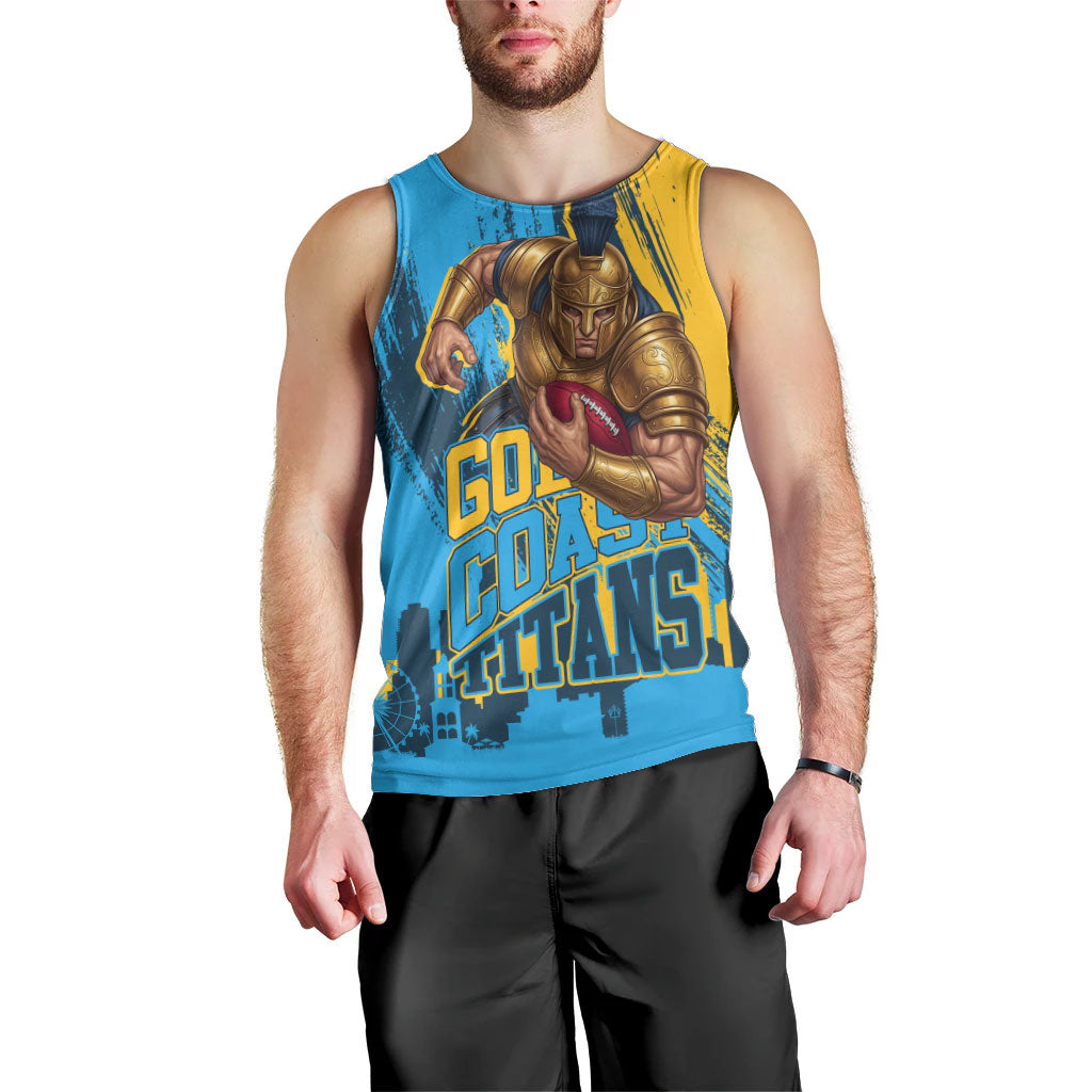 Personalised Gold Coast Titans Rugby Men Tank Top Muscular Titan Mascot City Skyline Graphic