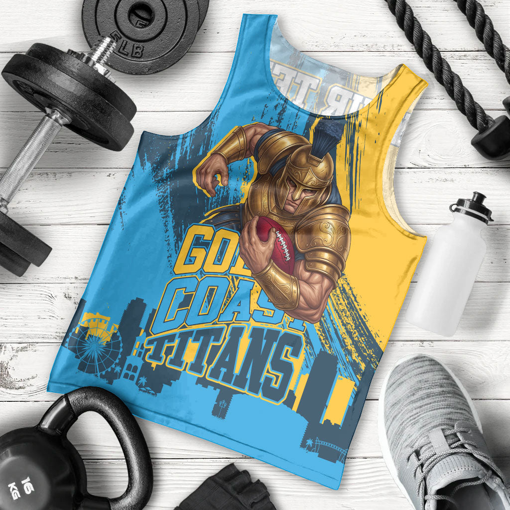 Personalised Gold Coast Titans Rugby Men Tank Top Muscular Titan Mascot City Skyline Graphic