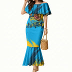 Personalised Gold Coast Titans Rugby Mermaid Dress Muscular Titan Mascot City Skyline Graphic