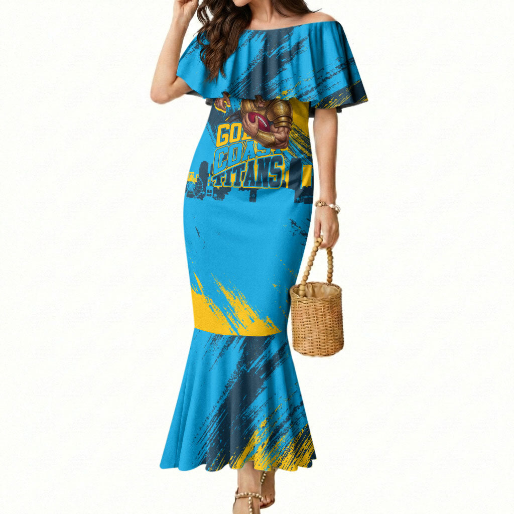 Personalised Gold Coast Titans Rugby Mermaid Dress Muscular Titan Mascot City Skyline Graphic