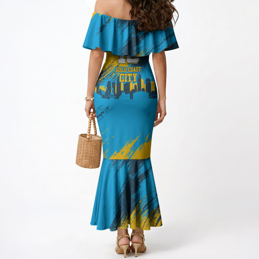 Personalised Gold Coast Titans Rugby Mermaid Dress Muscular Titan Mascot City Skyline Graphic