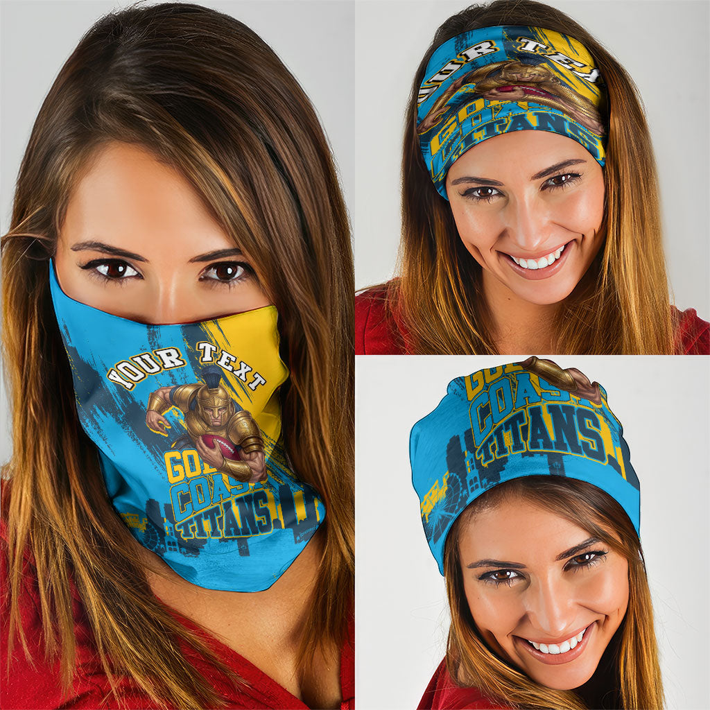 Personalised Gold Coast Titans Rugby Neck Gaiter Muscular Titan Mascot City Skyline Graphic