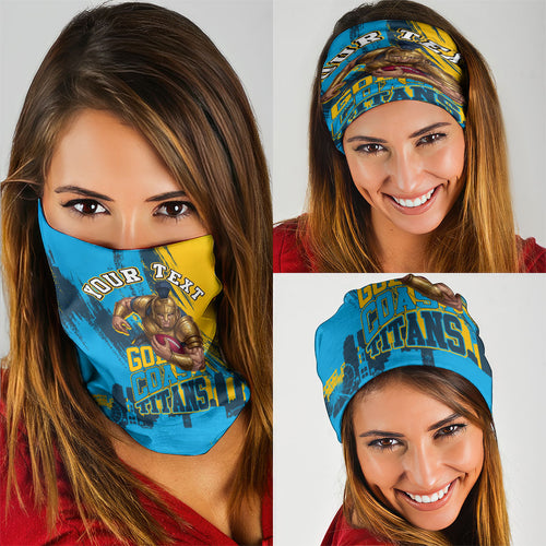 Personalised Gold Coast Titans Rugby Neck Gaiter Muscular Titan Mascot City Skyline Graphic