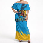 Personalised Gold Coast Titans Rugby Off Shoulder Maxi Dress Muscular Titan Mascot City Skyline Graphic