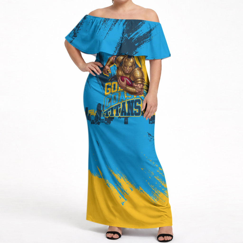 Personalised Gold Coast Titans Rugby Off Shoulder Maxi Dress Muscular Titan Mascot City Skyline Graphic