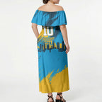 Personalised Gold Coast Titans Rugby Off Shoulder Maxi Dress Muscular Titan Mascot City Skyline Graphic