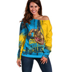 Personalised Gold Coast Titans Rugby Off Shoulder Sweater Muscular Titan Mascot City Skyline Graphic