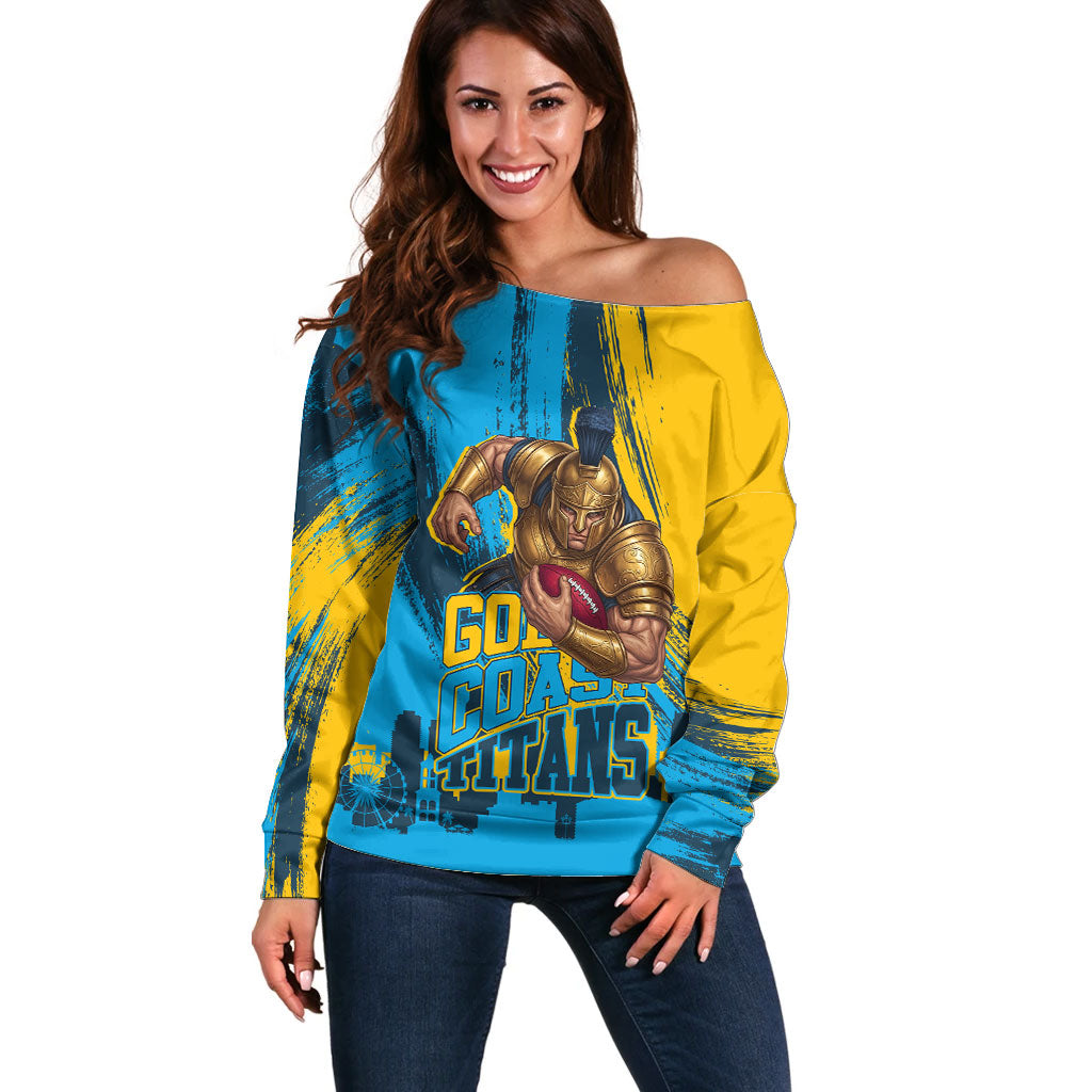 Personalised Gold Coast Titans Rugby Off Shoulder Sweater Muscular Titan Mascot City Skyline Graphic