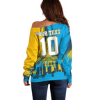 Personalised Gold Coast Titans Rugby Off Shoulder Sweater Muscular Titan Mascot City Skyline Graphic