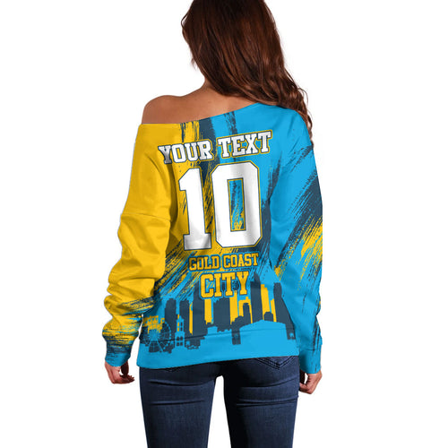 Personalised Gold Coast Titans Rugby Off Shoulder Sweater Muscular Titan Mascot City Skyline Graphic
