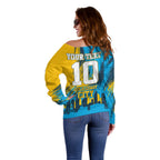 Personalised Gold Coast Titans Rugby Off Shoulder Sweater Muscular Titan Mascot City Skyline Graphic
