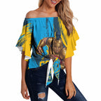 Personalised Gold Coast Titans Rugby Off Shoulder Wrap Waist Top Muscular Titan Mascot City Skyline Graphic